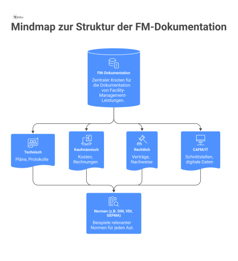 Eine Mindmap, die die Dokumentation von FM-Leistungen in die vier Hauptbereiche Technisch, Kaufmännisch, Rechtlich und CAFM/IT unterteilt.