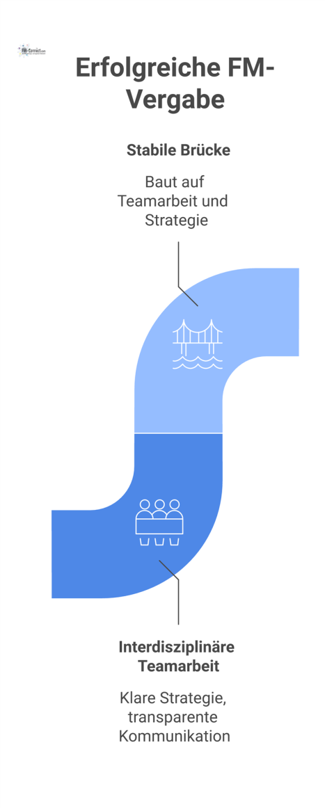 Infografik zeigt den Weg zur FM-Vergabe: Eine Brücke aus Teamarbeit und Strategie führt über Risiken zum erfolgreichen Vertragsabschluss.